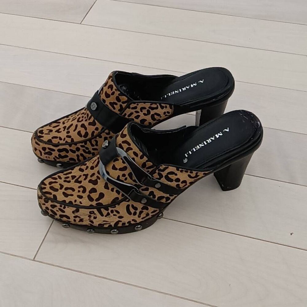 A. Marinelli Women's Leopard Print Suede Closed Toe Clog Heels Tan 7M